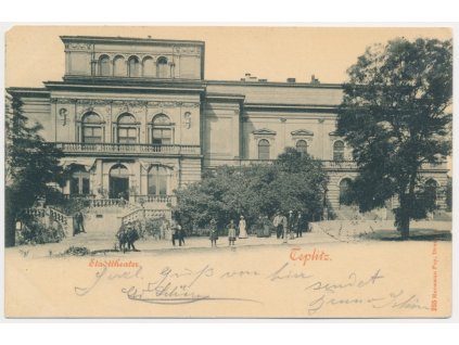 65 - Teplice, Stadttheater, oživená partie před divadlem, cca 1900