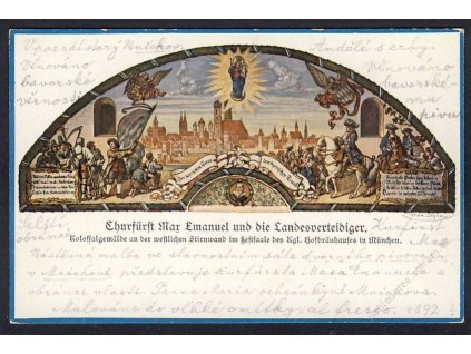 Deutschland, Gruss aus München, vorne Kurfürst M. Emanuel u. d. Landesverteidgier, cca 1915