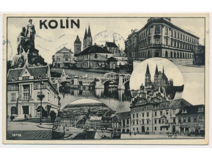 29 - Kolín, 8 - mi záběrová koláž s dominantami města, cca 1933