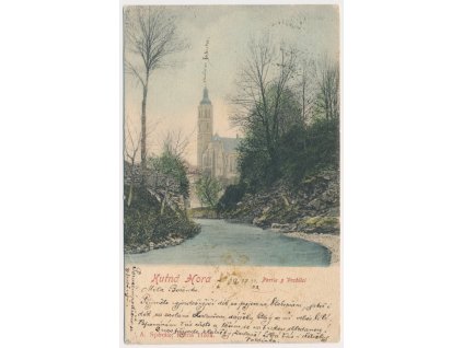 31 - Kutná Hora, partie s řekou Vrchlicí a kostelem sv. Jakuba, cca 1900