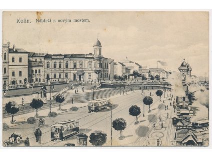29 - Kolín, Nábřeží s novým mostem a tramvajemi-vize budoucnosti, 1908