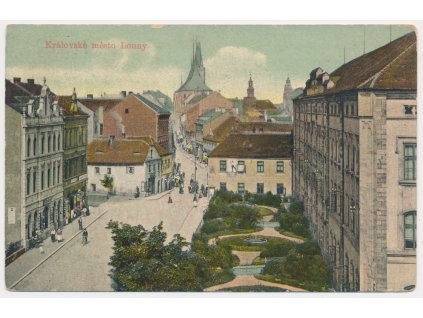 34 - Louny, pohled na oživenou ulici s obchody, Nakl. J. Truneček,1908