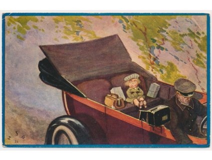 Námětová pohlednice, "Svět jest můj", Projížďka automobilem, cca 1930