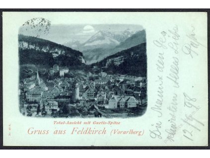 Österreich, Gruss aus Feldkirch, Totalansicht mit Gurtis-Spitze, cca 1898