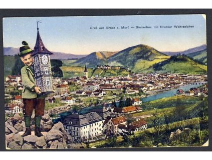 Österreich, Gruss aus Bruck a. Mur, Steirerbua m. Brucker Wahrzeichen, cca 1918