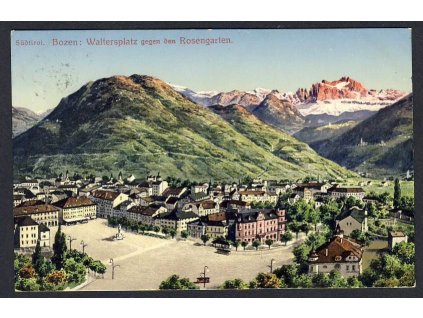 Österreich, Südtirol, Bozen, Waltersplatz gegen den Rosengarten, cca 1915