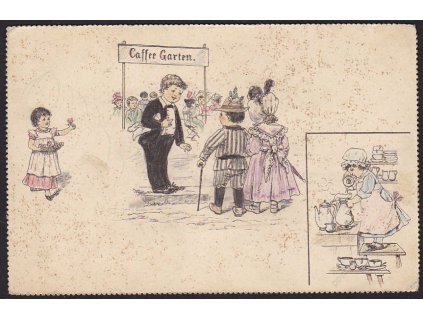 Děti v zahradní kavárně, Služebná apod., satirická, cca 1898