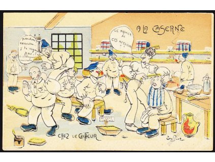 Satirická, V kasárnách, holič, cca 1906