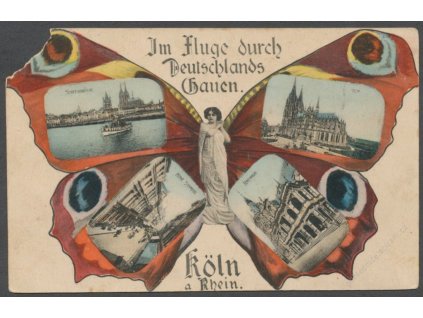 Německo, Kolín nad Rýnem, pohlednice z řazy Letem světem, tisk Manger, chybí růžek, cca 1900