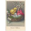 Velikonoční přání, kuřátko s vejci v košíčku, cca 1945