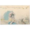 Velikonoce, Fröhliche Ostern, dáma v kloboučku a zajíček, cca 1902