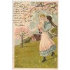 Jarní pohlednice, maminka s dítětem pod rozkvetlým stromem, cca 1901