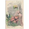 Velikonoční přání, Fröhliche Ostern!, kohout, žena a vejce, cca 1905
