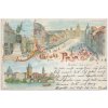 9 - Praha, 3 - záběrová koláž "Gruss aus Prag", Radeckého pomník, Karlův most..., cca 1898