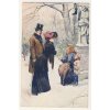 Obdarování žebračky v zimě, K. Rélink, ca 1915