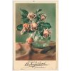 Blahopřejná pohlednice, "Srdečné blahopřání k jmeninám", růže ve váze, cca 1935