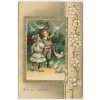 Blahopřejná pohlednice, koláž, děti s holoubky, cca 1910