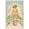 Blahopřejná pohlednice, holčička na procházce, srdce, vlaštovky..., cca 1927