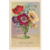 Blahopřejná pohlednice, "Srdečné přání", Květiny ve váze, cca 1940
