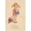Srdečné přání, Holčička s copánky nese dárek, cca 1926