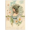 Umělecká pohlednice, Květinová dívka, secesní koláž, 1900
