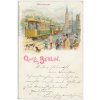 Německo, Berlín, koláž "Gruss aus Berlin, lidé, tramvaj..., cca 1898