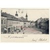 27 - Kladensko, Unhošť, oživené náměstí, nákl. E. Hofbauer, cca 1901