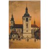 34 - Lounsko, Žatec (Saaz), Dekanatkirche, oživená partie před kostelem, 1935