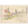 Velikonoční přání, trpaslíci, vajíčka, květiny, Fröhliche Ostern, cca 1901