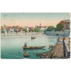 46 - Písek, oživené nábřeží, loďka s převozníkem, pohled na město, cca 1923, vada - lom
