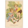 Námětová pohlednice, Srdečné přání, Děti na louce s květinami, cca 1940