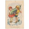 Námětová pohlednice, Vánoční pozdrav, Děti s kaprem, cca 1933