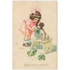 Námětová pohlednice, Srdečné přání k jmeninám, holčička s pejskem, 1928