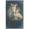 Námětová pohlednice, Dívka s květinou a kůň, cca 1918
