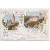 02 - Berounsko, Karlštejn a Křivoklát, 2 záběrová koláž hradů, cca 1900
