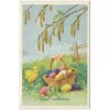 Veselé Velikonoce, Košík, barevná vajíčka, kuřátko..., cca 1945