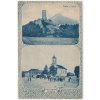 02 - Berounsko, Žebrák, 2 záběrová koláž, hrady, oživené náměstí, 1934