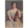 Námětová pohlednice, Dívka s houslemi, cca 1920