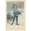 Veselé Vánoce!, Dívka v zasněžené krajině veze na sáňkách stromeček, 1920
