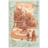 49 - Praha, koláž, Fontaine im Kaisergarten, oživená partie u fontány, 1900
