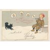 Novoroční přání, Chlapeček s píšťalkou a pejsek, prošlá poštou 1902
