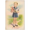 Blahopřejná pohlednice, "Ať žije Josef!", Chlapec s květinami, cca 1948