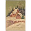 Srdečné blahopřání k novému roku, zasněžené domy a krajina, 1935