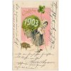 Blahopřejná pohlednice k Novému roku 1903, holčička s čtyřlístkem...