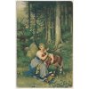Námětová pohlednice, dívka se srnkou v lese, cca 1921