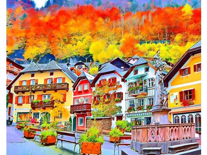 Vyšívání křížkové sada - Barevná vesnice v Evropě na podzim 32 x 40 cm