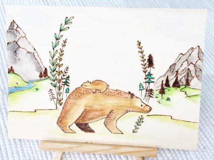 Vypalovaný obrázek - Medvědice s medvídětem  na cestě