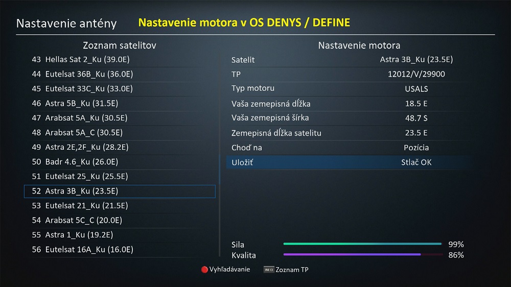 Jak nastavit motor USALS/diseqc v OS DENYS/Define?