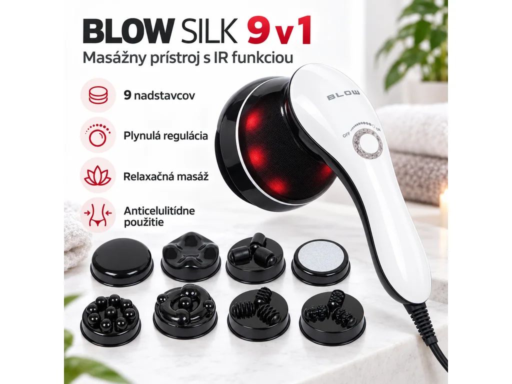 BLOW SILK 9v1 masážní přístroj s IR a 9 nástavci – Devět nástavců v jedné soupravě