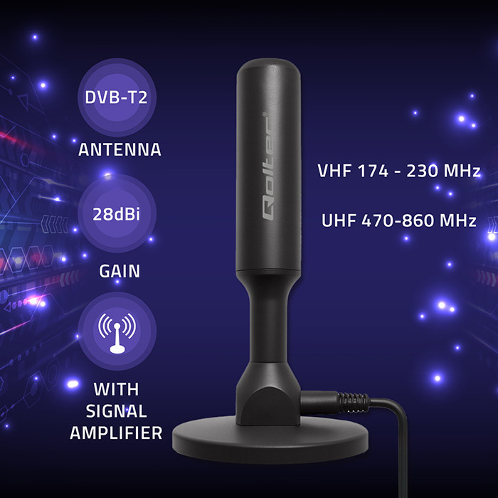 Qoltec vnútorná DVB-T2 anténa so zosilňovačom, 28 dBi, 5 m – Hlavné vlastnosti